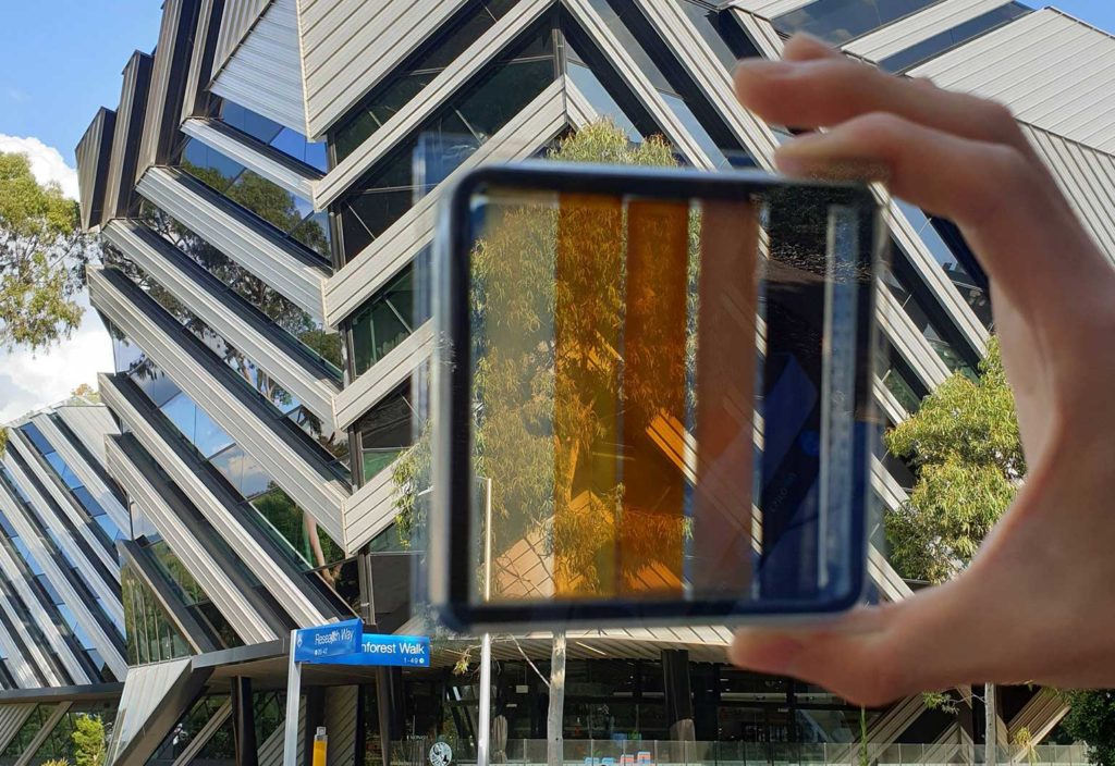 A semi-transparent perovskite solar cell with contrasting levels of light transparency. (Image: Dr Jae Choul Yu)