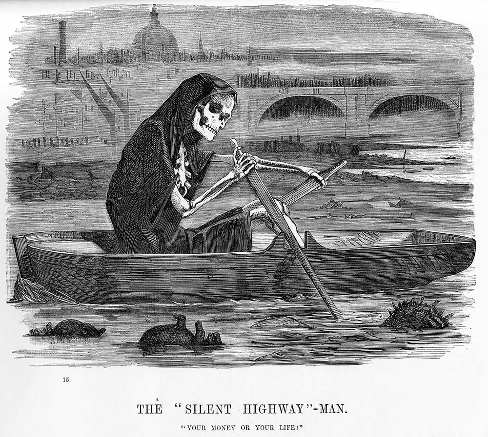 A cartoon published in Punch magazine, 10 July 1858, showing the 'death' rowing a boat along the Thames. 