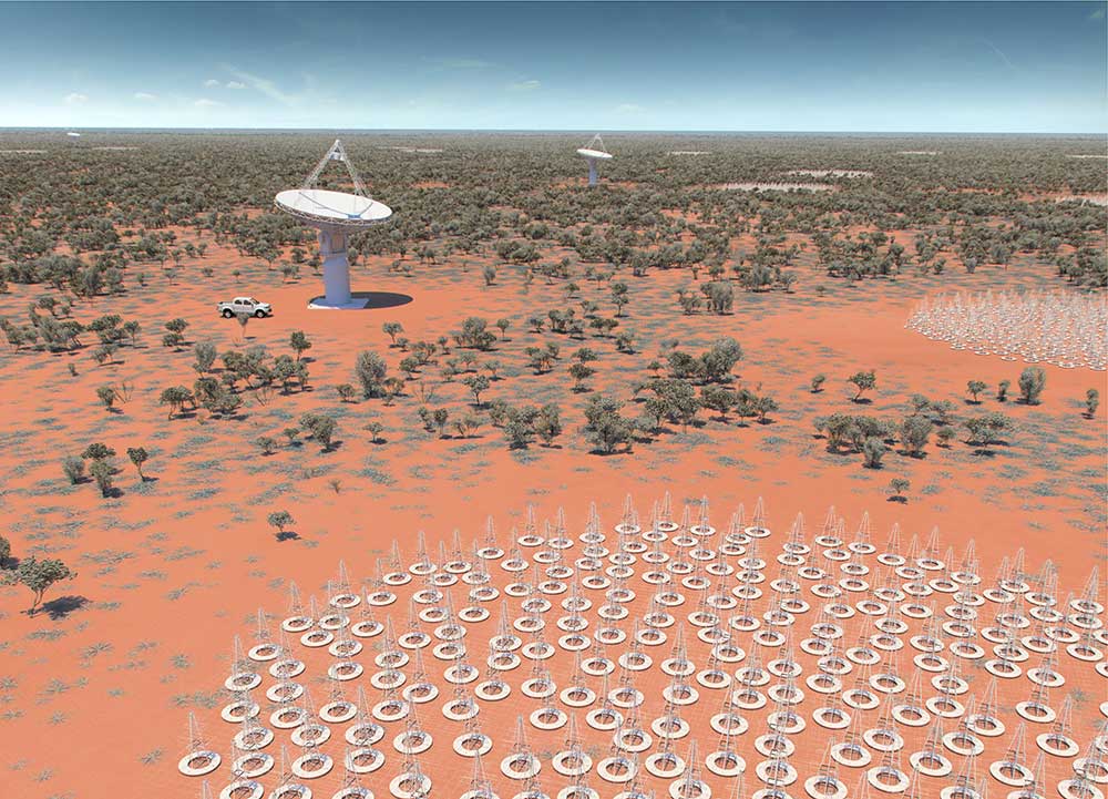 An artist’s impression of the future Square Kilometre Array (SKA) in Australia. Up to 132,000 low frequency antennas (resembling metal Christmas trees) will be built. (Image: CSIRO)